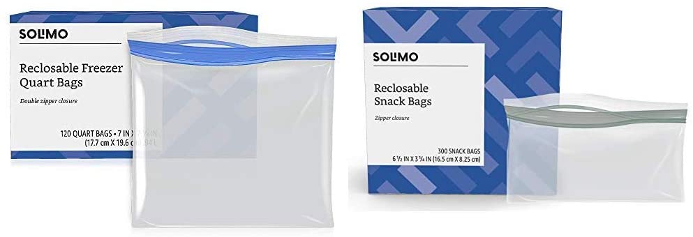 Amazon Brand - Solimo Freezer Quart Bags, 120 Count & Snack Storage Bags, 300 Count
