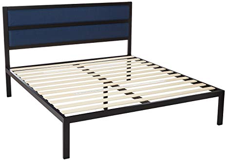 Zinus 16 Inch Platform Bed, Metal Bed Frame, Mattress Foundation with Tufted Navy Panel Headboard, No Box Spring Needed, Wood Slat Support, King