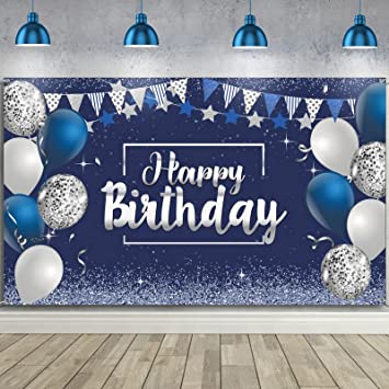 Happy Birthday Decorations Backdrop, Glitter Birthday Backdrop Sign, Happy Birthday Banner, Birthday Party Supplies Photo Background for Children Men Women, 72.8 x 43.3 Inch (Silver and Navy Blue)