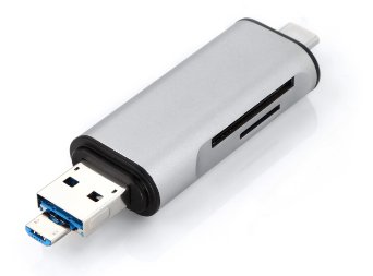 [New Release] SUPRENT CardCore USB-C, USB-A, Micro USB 3 in 1 TF/SD Card Reader (OTG Supported, Ultra-Fast Data Transfer) for the New Macbook, Chromebook Pixel, Nokia N1 and More (Silver Aluminum)