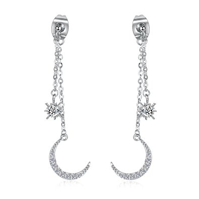 Platinum Plated Crystal Zircon Moon and Star Ear Jackets and Earrings Set for Women