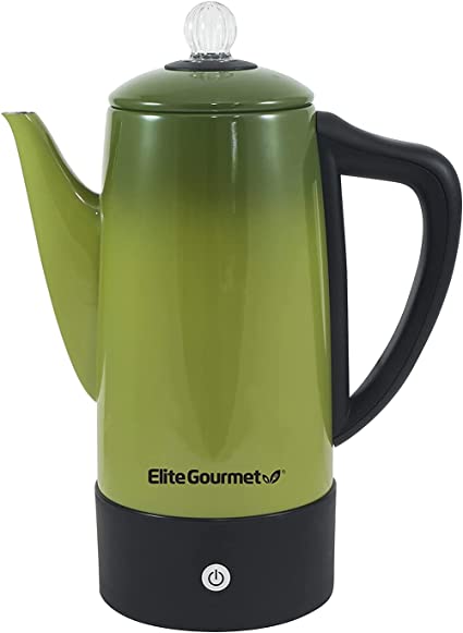 Elite Gourmet EC812G Vintage 50s Electric Coffee Percolator Clear Brew Progress Knob Cool-Touch Handle Cord-less Serve, 12-Cup, Retro Green