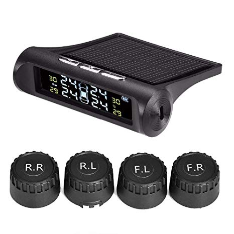 TPMS Wireless Car Real-time LCD Display Solar Tire Pressure Monitoring System Auto Tire Pressure Gauge Wheels Temperature Battery Voltage Alarm with 4 External Sensors and USB Charger Port