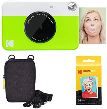 KODAK Printomatic Instant Camera (Green) Basic Bundle   Zink Paper (20 Sheets)   Deluxe Case   Comfortable Neck Strap (AMZRODOMATICK1GN)