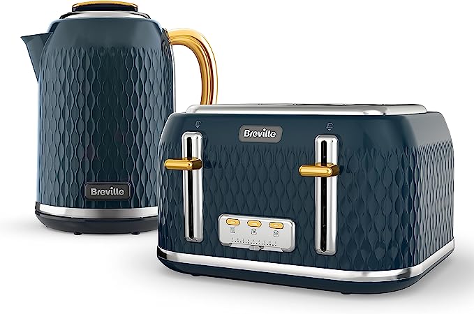 Breville Curve Kettle & Toaster Set with 4 Slice Toaster & Electric Kettle | 3 KW Fast Boil | Navy & Chrome