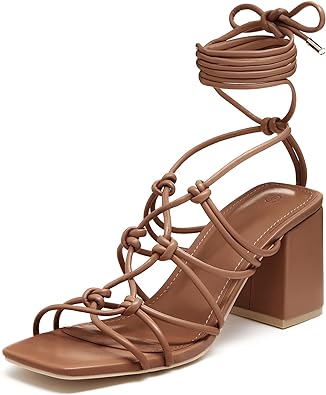 LAICIGO Womens Lace up Heeled Sandals Open Square Toe Block Heel Ankle Wrap Strappy Slingback Summer Sandals