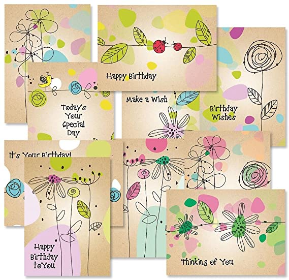 Kraft Blossoms Birthday Greeting Cards Pack - Set of 20 (10 designs), Large 5" x 7", Happy Birthday Cards with Sentiments Inside, Envelopes Included