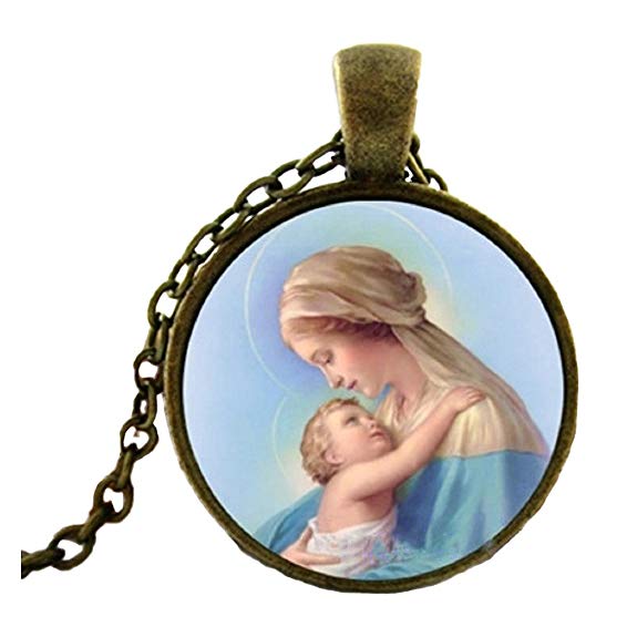 Blazing Autumn Mary Mother of Baby Jesus Necklace Blessed Virgin Pendant Fashion Jewelry Glass Dome Necklace