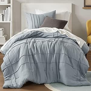 Comfort Spaces Blue/Grey Twin Size Comforter Set - 2 Pieces Pintuck Pleated Bedding Sets Twin, All Season Lightweight, Extra Softness Pre-Washed Microfiber Twin Bed Set, Shams, Twin/Twin XL