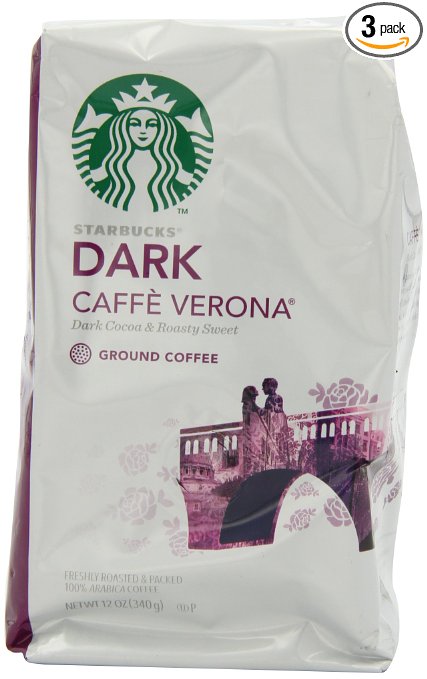 Starbucks Caffe Verona Coffee, Dark, Ground, 12-Ounce Bags (Pack of 3)