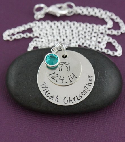 Personalized Baby Necklace - DII - New Mom Gift - Handstamped Handmade Necklace - 1, 5/8 Inch 15, 25.4MM Discs - Customize Name Date - Choose Birthstone Color