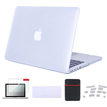 Se7enline Macbook Pro [5 in 1 Bundle] Case Cover Matte Hard Shell Clip Snap-on for 13.3 inches Macbook Pro with Retina Display Model A1502/A1425 (not fit for Model A1278),with Soft Sleeve Bag and Silicon Keyboard Protector and Clear LCD Screen Protector and 12pcs Dust plug, Transparent Clear