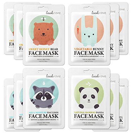 Lookatme Animal face mask - 12 Premium Cute Face Sheet Masks For Purifying, Energizing, Smoothing, Moisturizing. Awesome Korean skin care