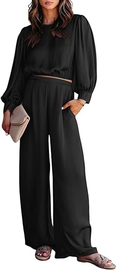 Dokotoo 2 Piece Outfits for Women Casual Balloon Sleeve Crewneck Crop Tops and Elastic Waist Wide Leg Pants Sets