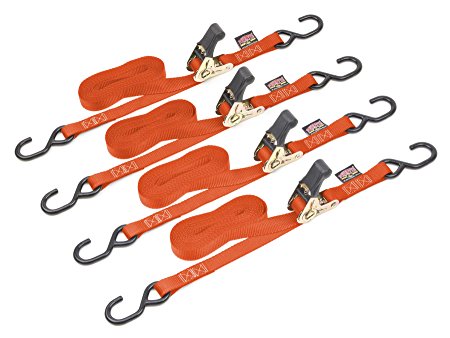 1" x 15ft PowerTye Mfg Easy-Grip Ratchet Tie-Downs with 4in S-Hooks, Bright Orange, 4-Pack