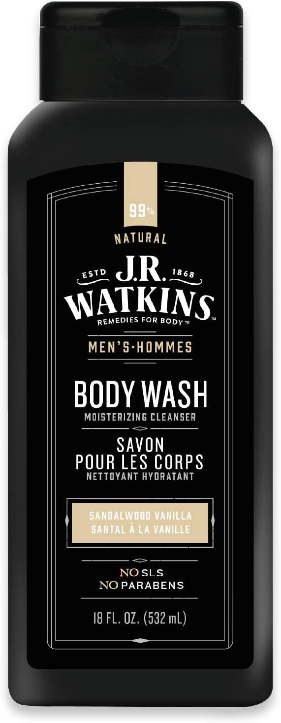 J.R. Watkins Sandalwood Vanilla Natural Daily Moisturizing Body Wash, Aloe and Green Tea, Hydrating Shower Gel for Men and Women, Free of SLS, USA Made and Cruelty Free, 532 Milliliters