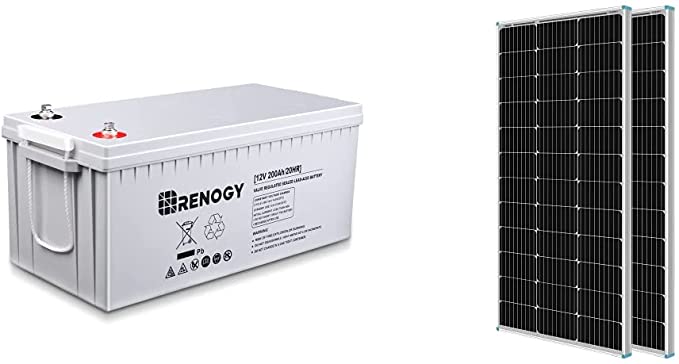 Renogy Deep Cycle Agm Battery 12 Volt 200AH, Gray & 2PCS 100 Watt Solar Panels 12 Volt Monocrystalline, High-Efficiency Module PV Power Charger, 2-Pack Compact Design