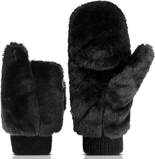 SATINIOR Faux Fur Mittens Fingerless Gloves Winter Warm Soft Half Finger Fuzzy Lined Wool Mittens for Women Girl