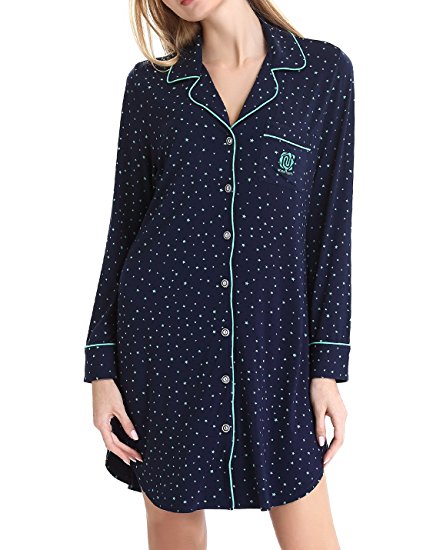 NORA TWIPS Women Long Sleeve Pajama Top Buttom Down Sleep Shirt Dress (XS-XL)