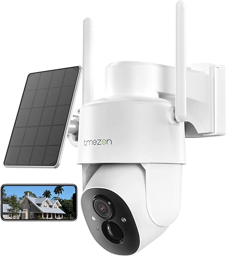 TMEZON Wireless Security Camera Outdoor, 2K Security Camera Wireless Solar Powered, PTZ WiFi Control, Color Night Vision with Pan Tilt 360° View