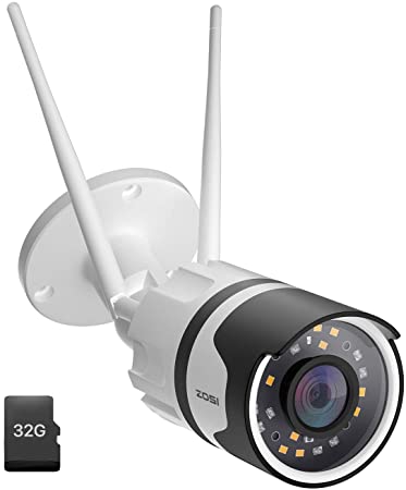 ZOSI C190 H.265  1080P WiFi Outdoor Security Camera with 32GB SD Card, IP67 Waterproof, 80ft Color Night Vision, Human Detection, Moiton Alert, 2-Way Audio, Motion Activated Light & Siren Alarm