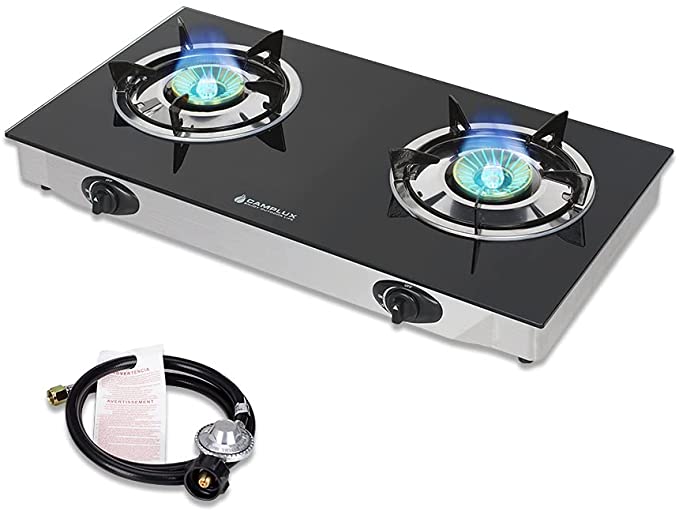 Camplux Gas Stove with Auto Ignition, Double Burners Propane Stoves 19,000 BTU, Tempered Glass Gas Burner Cooktop