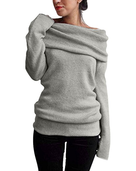 Styledome Women Off Shoulder Cowl Neck Long Sleeve Sweater Knitted Pullover Jumper Tops