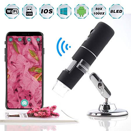 Seesi WiFi Microscope USB Digital HD Handheld 50X to 1000X Wireless Kids Zoom Magnification Endoscope Mini Inspection Camera with 8 LEDs for Smartphone Tablet and PC iPhone Android Ipad Mac Windows