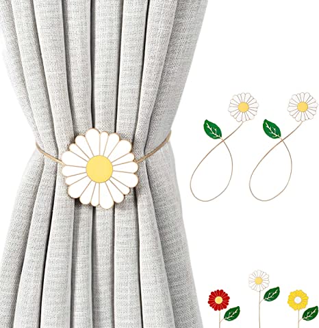 INSFITY Metal Magnetic Curtain Tiebacks 13lb(Max) 2 Pack White, 4-18 Inches Length Adjustable Enamel Daisy Flower Drape Holdbacks