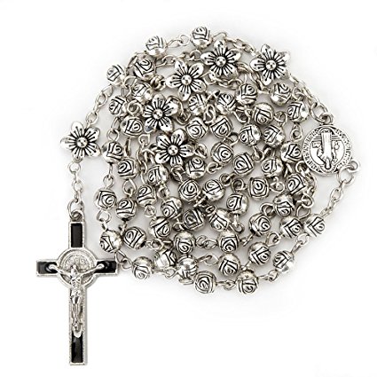 Crystal Rosary Beads 6mm Round Metal with 6pcs Metal Flowers And Cross