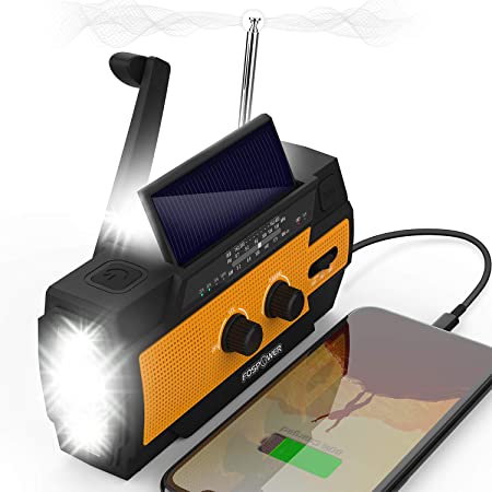 FosPower 4000mAh NOAA Emergency Weather Radio (Model A3) Portable Power Bank with Solar Charging, Hand Crank & Battery Operated, SOS Alarm, AM/FM & Flashlight for Outdoor Emergency (Orange)