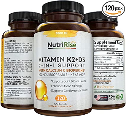 Vitamin K2   D3 5000 IU Supplement with Calcium & BioPerine. Maximum Absorption. Supports Healthy Heart, Bones & Teeth. Powerful Immune System, Energy & Mood Enhancer. No Fillers, Gluten-Free Capsules