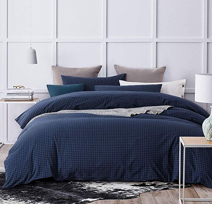 Sleepbella Duvet Cover Set, 2 Pieces Washed Cotton Grid Comforter Quilt Cover (Navy Plaid, Twin)