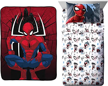 Jay Franco Marvel Spiderman Protect Throw Blanket 4-Piece Bundle-Includes Throw Blanket, Twin Sheet Set