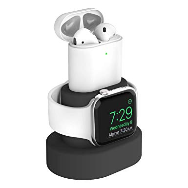 Greatfine for Apple Watch Charger Stand and Airpods Charging Station,2 in 1 Silicone iWatch Charging Stand for Apple Watch Series 4 3 2 1and Airpods dock, with Free Airpods Case(Black Dock White Case)