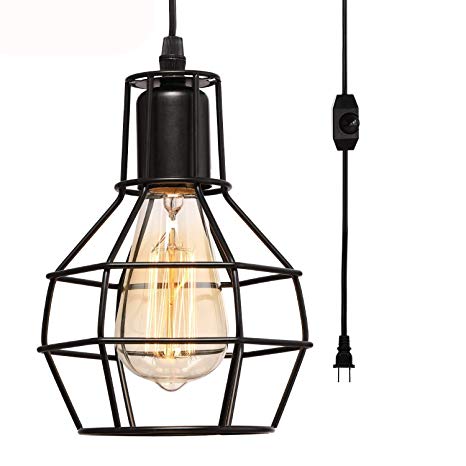 Creatgeek Plug-in Pendant Light with 16'Cord and On/Off Dimmer Switch, Industrial Rustic Hanging Ceiling Lamps, Perfect Lighting Fixture for Kitchen Island Dining Room Living Room, Black Finish