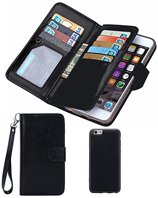 For iPhone 7 Wallet Case,Valentoria Premium Vintage Leather Wallet Case Magnetic Detachable Slim Back Cover Card Holder Slot Wrist Strap Case for iPhone 7(iPhone 7, Black)