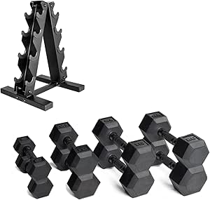 CAP Barbell 100 LB Coated Black Handle Hex Dumbbell Weight Set with Vertical Rack