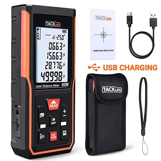 Laser Measure 196Ft Rechargeable with Electronic Angle Sensor,Backlit LCD,Mute button,Measure Distance, Area, Volume, Walls & Pythagoras, 99 Records  M/Ft/Inch Re-calibration - S5-60