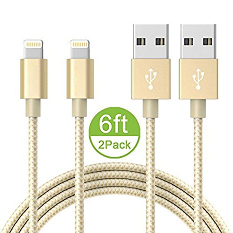 ONSON iPhone Cable,2Pack 6FT Nylon Braided Cord Lightning Cable Certified to USB Charging Charger for iPhone 7/7 Plus/6/6 Plus/6S/6S Plus,SE/5S/5,iPad,iPod Nano 7 (Gold White,6FT)