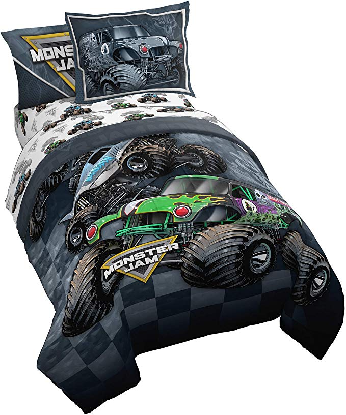 Monster Jam Slash 5 Piece Twin Bed Set - Includes Reversible Comforter & Sheet Set - Bedding Features Grave Digger & Megalodon - Super Soft Fade Resistant Microfiber - (Official Monster Jam Product)