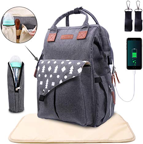 Umitive Baby Nappy Changing Backpack, Multi-Function Travel Diaper Bag with USB, Large Capacity, Send 2 Stroller Straps 1 Soft Changing Mat and 1 Insulation Bag, Waterproof Unisex Backpack, Grey