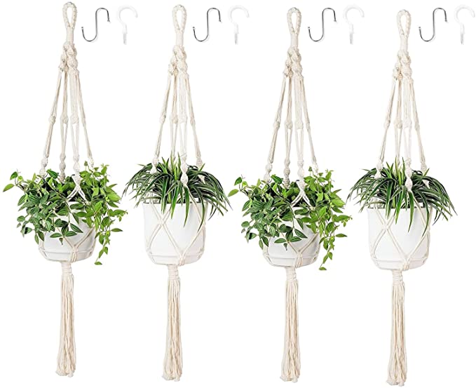 POTEY 40'' Macrame Plant Hanger with 6.3" Pots, Saucers and Ceiling Hooks, Boho Decorative Flower Holder, Crochet Hanging Planters for Indoor Outdoor, Ivory, 4 Set