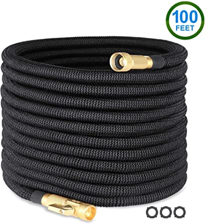 EcoEarth 100 Ft Expandable Garden Hose, Premium Flexible Water Hose with 3/4‘’ Nozzle Solid Brass Connector and Double Layer Latex, Lightweight Durable Expanding Hose