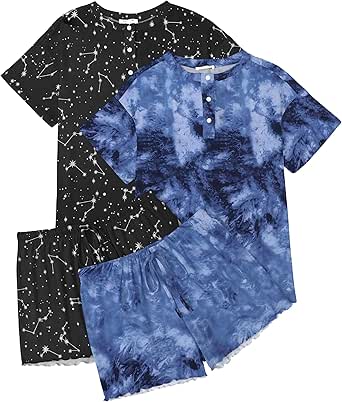 Ekouaer 2 Pack Womens Pajama Sets Short Sleeve Top with Shorts Soft Comfy Loungewear Sleepwear S-XXL