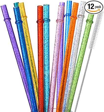 ALINK 12-Pack Glitter Reusable Clear Plastic Straws, 11" Long Hard Tumbler Drinking Straws with Cleaning Brush (10 Colors)