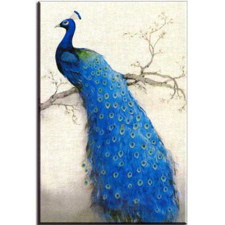 Piy Painting® W760 Beautiful Peacock on the Tree Canvas Prints for Bedroom/Living room, Oil Painting HD Reproduction Wall Art Decoration, Framed, Stretched and Ready to hang (Blue, 1 Panel)