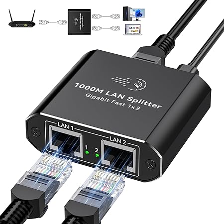 1000mbps Ethernet Splitter 1 to 2 High Speed RJ45 Dual Internet Port Splitter 1 in 2 Out LAN Splitter Adapter Support 2 Devices Simultaneous Networking Worked with Cat6/7/8 Cables