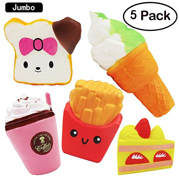 HLXY Jumbo Squishies Slow Rising 5pcs Squeezed Kawaii Slimy Scent Charm Wrist Strain Relief Toy Squishy Cake Ice Cream Bread French Fries