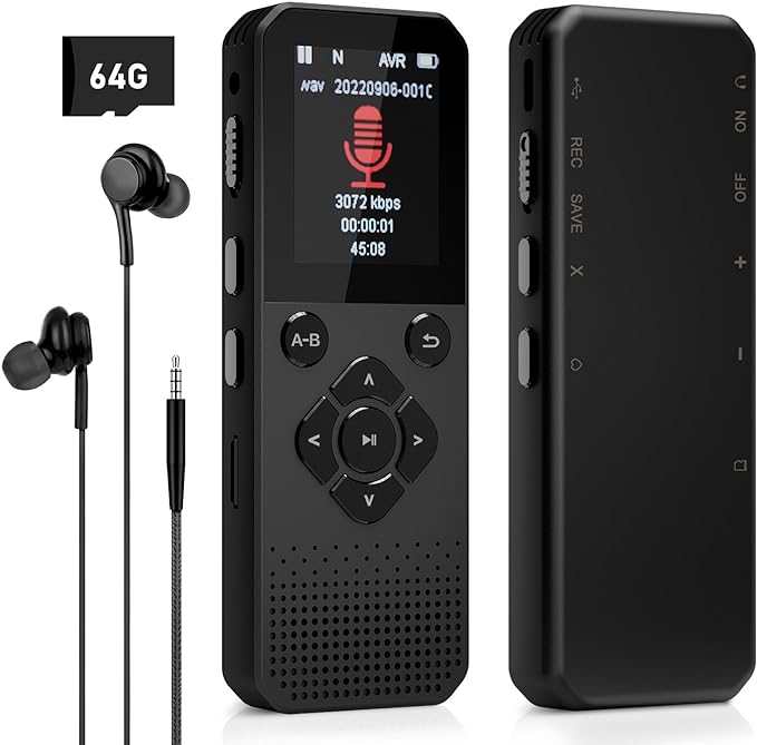 Voice Recorder, 64GB Digital Voice Recorder, Voice Activated Recorder with Playback, Tape Recorder Up to 3072kbps Bit Rate, Audio Recorder for Interview Meetings Lecture